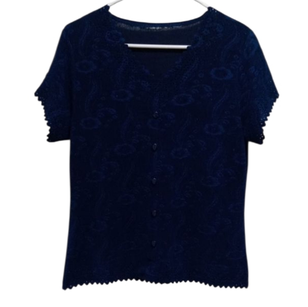 Blue V Neck Lace Floral Sheer Short Sleeve Top